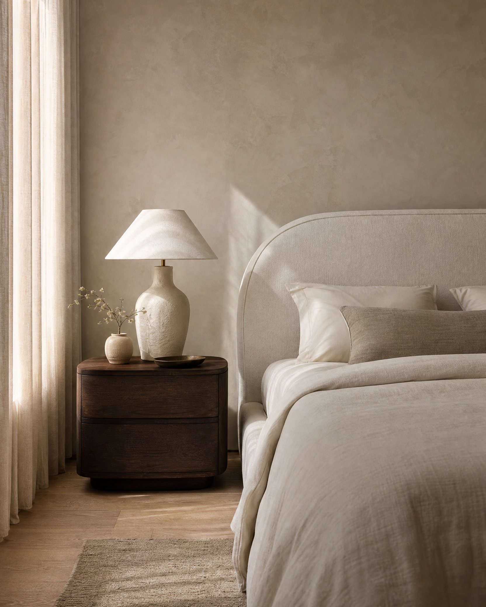 Chambre paisible aux tons ivoire et bois fumé