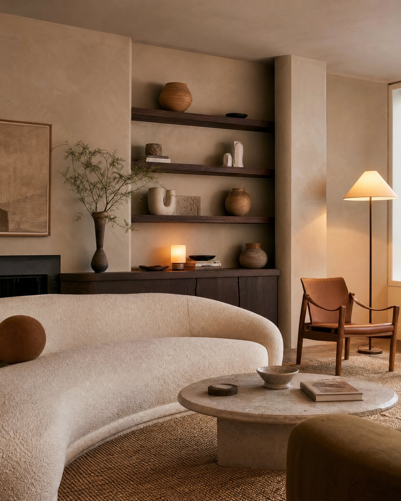 Salon aux courbes douces et aux matières naturelles