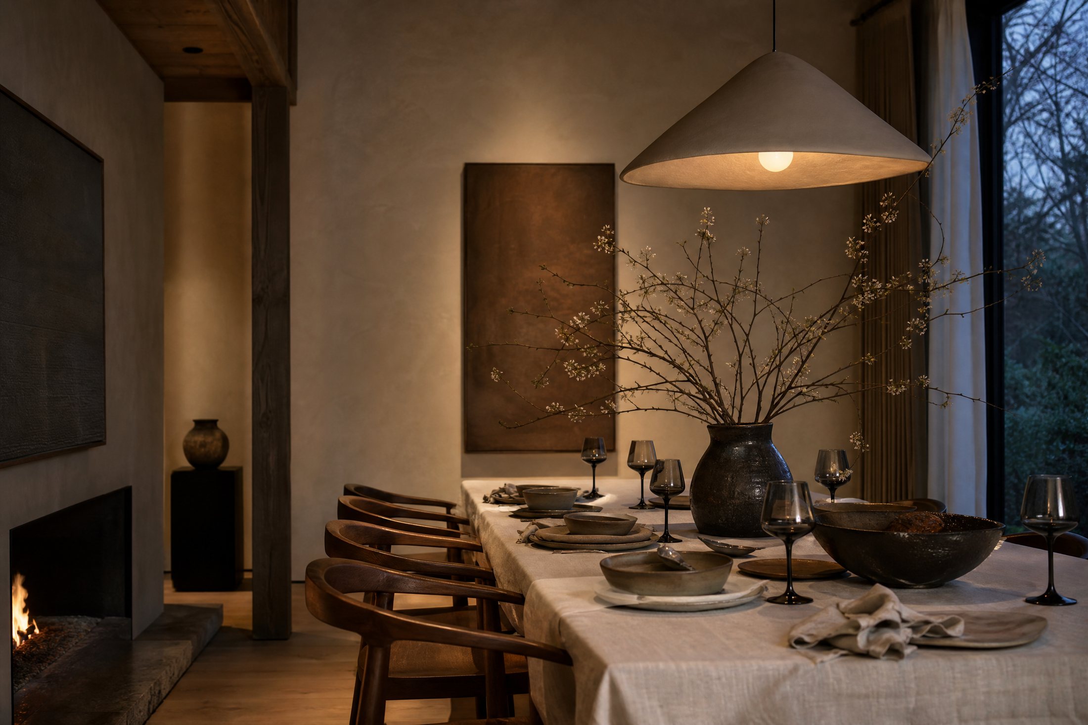 Salle à manger en noyer avec lumière ambrée