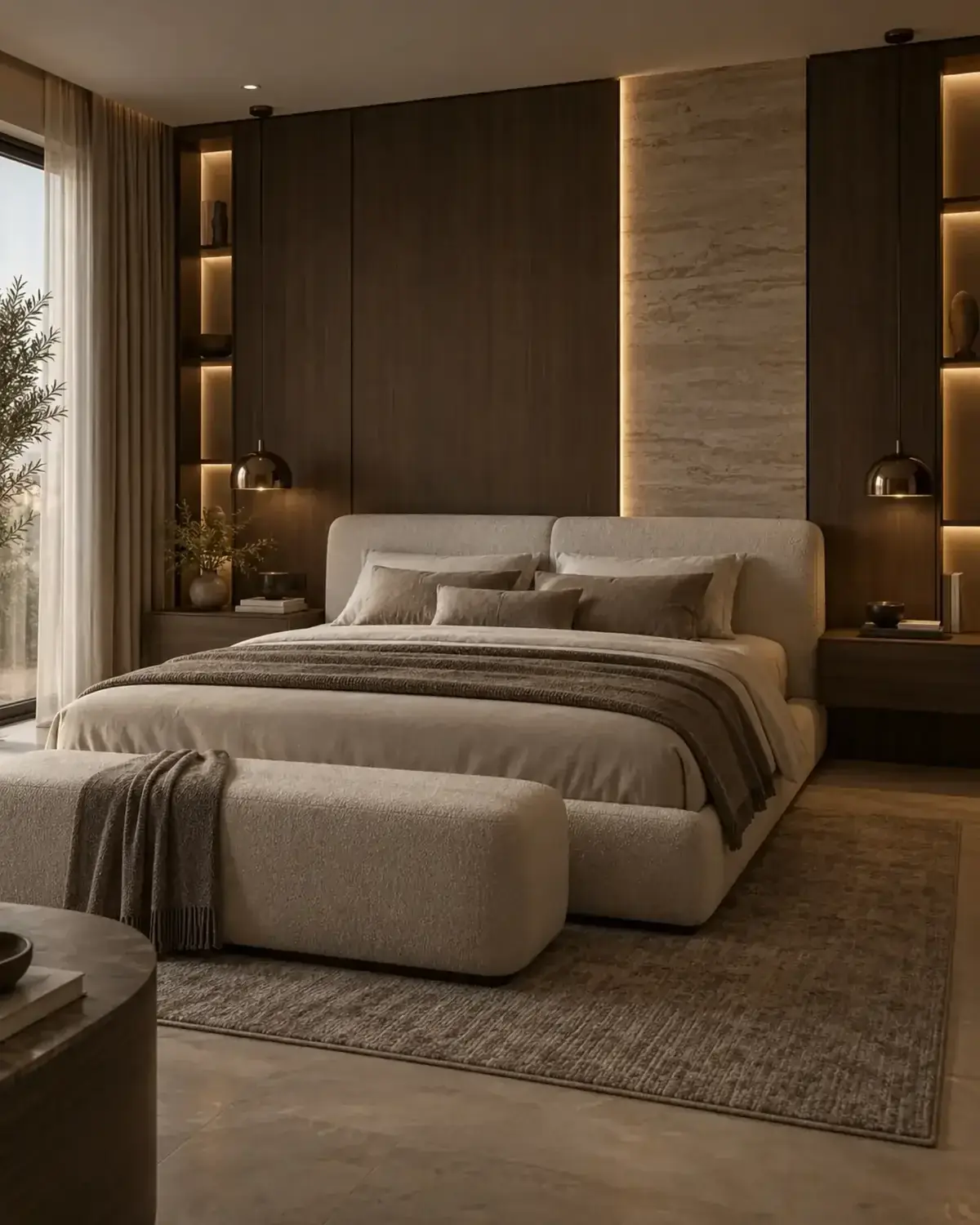 Chambre contemporaine à Roubaix avec tête de lit en bois et textiles écrus